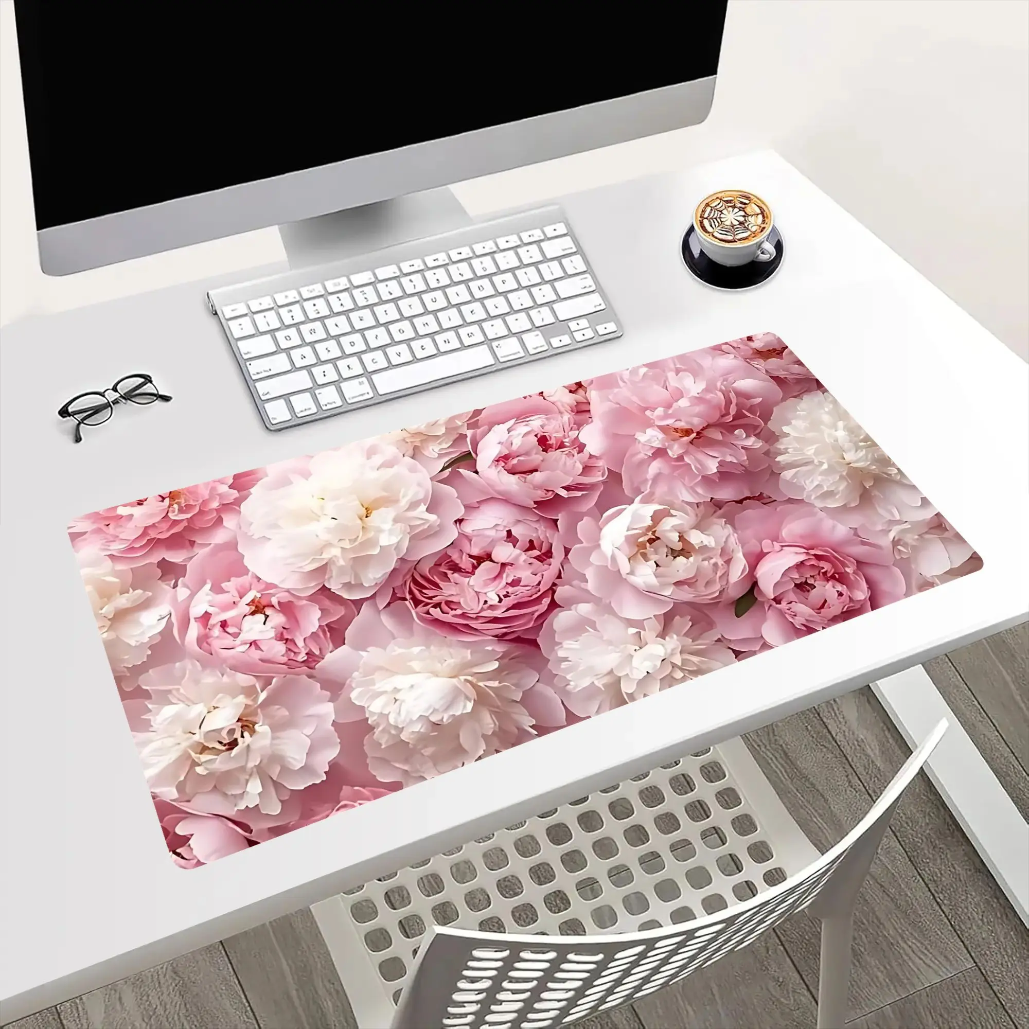 Anti-slip edge binding in multiple sizes Large Extended Mouse Pad Pink Peony Floral Desk Mat for Home Office Decor