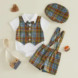 Imcute Toddler Infant Baby Boys Outfits Set Short Sleeve Romper with Plaid Overall Shorts and Hat Summer Clothes Set