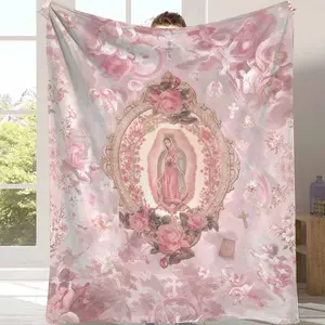 Religious Angel Floral Flannel Blanket Sacred Rose and Cross Pattern Ultra Soft Warm Breathable Cozy Throw Perfect for Bedroom Living Room Prayer Corner Meditation Gift Home Decor