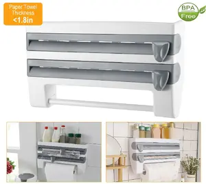 Magnetic Plastic Wrap Dispenser with Cutter Wall Mount Refillable Kitchen Foil and Plastic Wrap Organizer Rack ABS Material Stainless Steel Blade Holds Up to 11 lbs Utensils Grey BPA Free