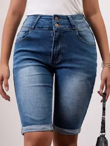 Women's Slim Fit Cuffed Denim Shorts, Pocket, Casual Fashion, Multi-Craft Design, Simple Style, All Seasons, Plain Pattern, Slim-Fitting
