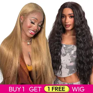 Buy 1 Get 1 Free Lace Front Wig | 180% Density, Transparent Lace, #27 Straight & #1B Ocean Wave, Blended Human Hair