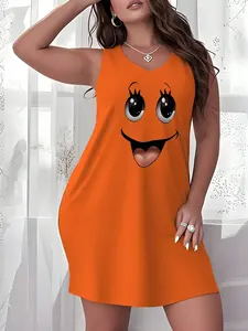 Women's Plus Size Nightgown Big Eyes Joyful Face Print Camisole Nightdress Casual Summer Vacation Clothing Gifts For Women Sleeveless Pajamas For Women Set