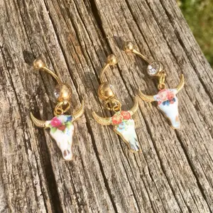 Floral Bull Steer Skull Belly Button Rings