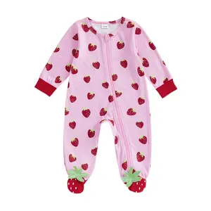 Newborn Baby Girls Strawberry Footed Sleeper Romper Pajamas Jumpsuit Long Sleeve Crew Neck Onesie Bodysuit Spring Outfit