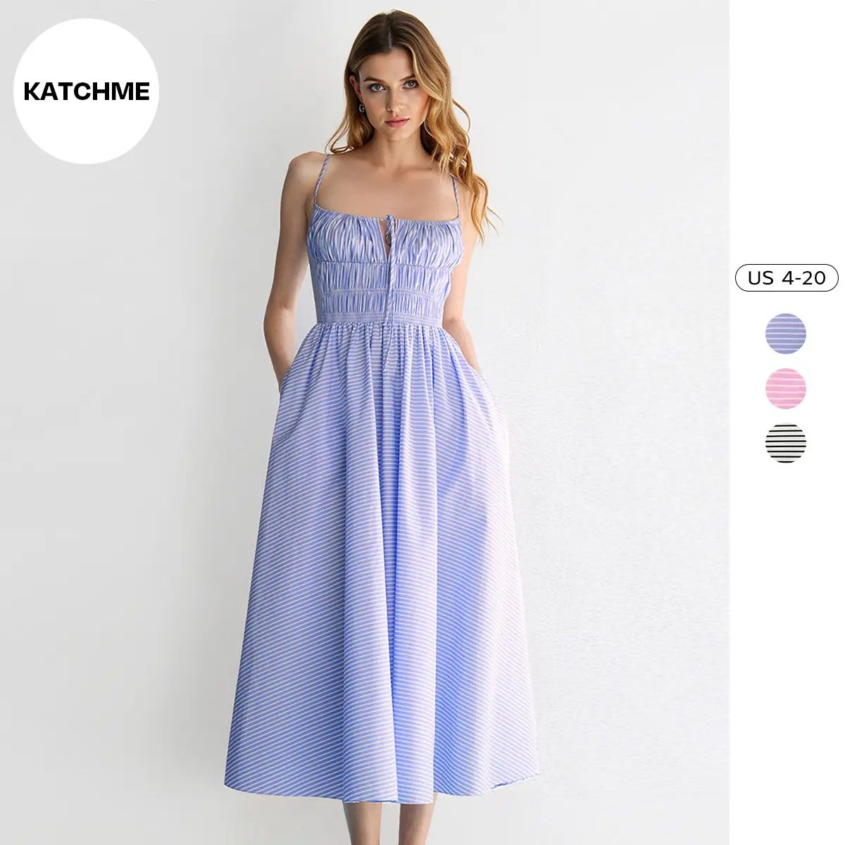 KatchMe Women's Casual Spaghetti Strap Front Tie Ruched Stripe Maxi Dress, Comfort Women's Clothing for Beach Vacation, Summer Slim Holiday Dresses