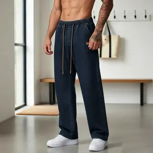 Men’s summer straight-leg denim jeans with a drawstring elastic waistband; retro wash, straight cut, easy on/off design, versatile casual style suitable for all seasons and everyday commuting; long denim pants with a drapey feel.