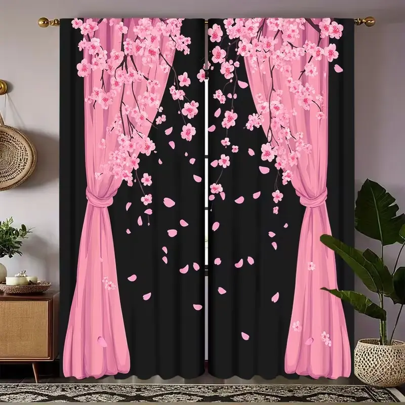 2pcs Privacy Protection Filter Light Curtain Rod Drapes, Window Curtain, Curtain For Windows, Home Decorative Curtain, Polyester Material, Cherry Blossom Pattern, Suitable for Living Room Bedroom Decor, Home Decoration Curtain