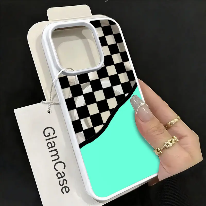 Black Checkerboard Mint Wave Phone Case，Modern Minimalist Style for iPhone 17 16 15 14 13 12 11 Plus Pro Max Gift.