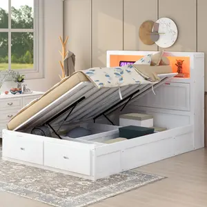 Wood Queen Size Hydraulic Platform Bed with Storage LED Headboard, Charging Station and 2 Drawers