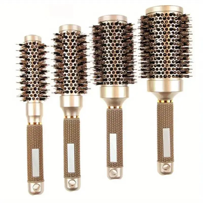 Round Pig Bristle Hair Brush Set, Hair Grooming Brush, 4 Counts/set High Temperature Resistant Ceramic Tube Comb, Non-slip Handle Hair Styling Tool for Dry & Wet Use