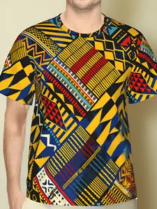 Men'S 3D Printed African Kente Style T-Shirt, Bold Geometric Pattern with Zigzags Stripes Diamonds, Vibrant Yellow Blue Red Black Polyester Breathable Short Sleeve, Graphic Streetwear Casual Tee for Daily Leisure S-3XL