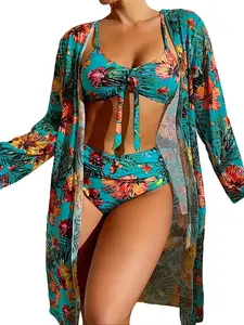 Ladies' Tankini Beach Wear Three Piece Set Sun Protection Long Sleeved Knotted Flower Print Hot Spring Swimsuit bathing suit