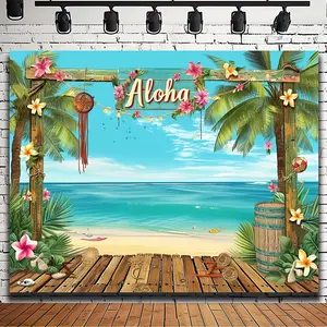 Hawaiian Aloha Luau Party Backdrop - 1 piece  Polyester Beach Scene Background with Palm Trees and Ocean View, No Electricity Required, Versatile for Birthdays, Weddings, Photography, Outdoor Events