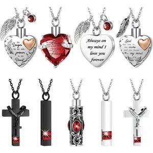 9 Pcs Heart Cross Cubic Urn Necklace for Ashes Keepsake Cremation Jewelry Stainless Steel Necklace Crystal Memorial Pendant Heart Locket Ashes Jewelry for Women Men Loved Ones, 9 Styles