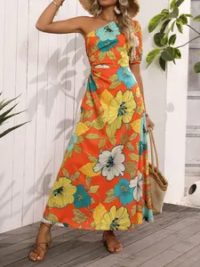 Women Summer Holiday Floral Printed One Shoulder Short Puff Sleeve Long Elegant Dress