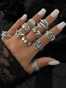 Men's Punk Style Silver Color Vintage Rings Set, Halloween Party Jewelry Gift, Skull Dice Star Design, All Season Accessory