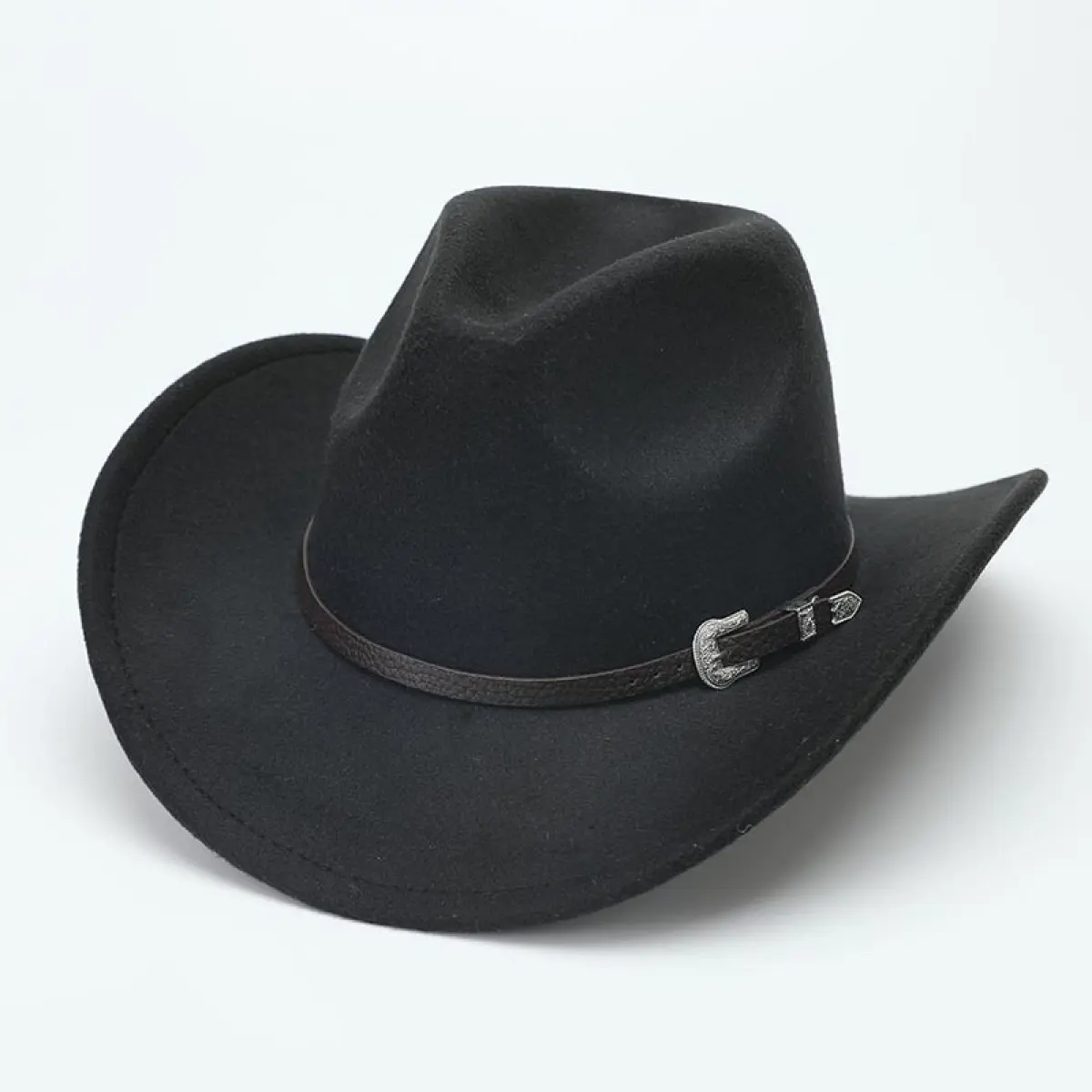 Unisex Vintage Wool Felt Fedora Hat with Turned-Up Brim, Western Cowboy Style, Cross-Border Belt Accent Roman Cowboy Hat