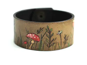 Mushroom Wildflower Leather Bracelet Cuff
