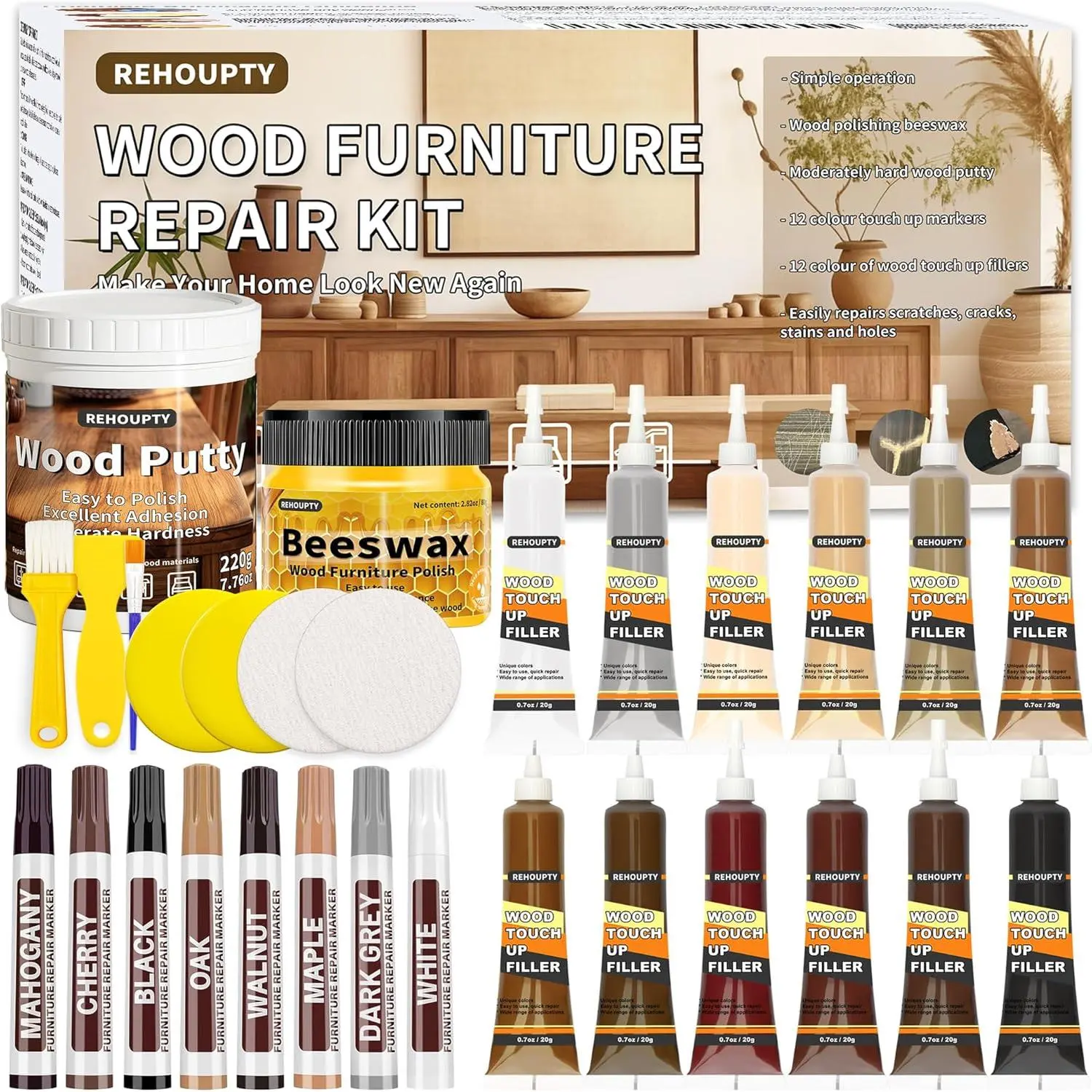 Wood Furniture Repair Kit, All-in-One Laminate Floor Repair Kit - Wood Putty, 12 Colors Wood Filler & 8 Colors Furniture Markers and Beeswax, Wood Repair for Scratch Cracks Hole Discoloration