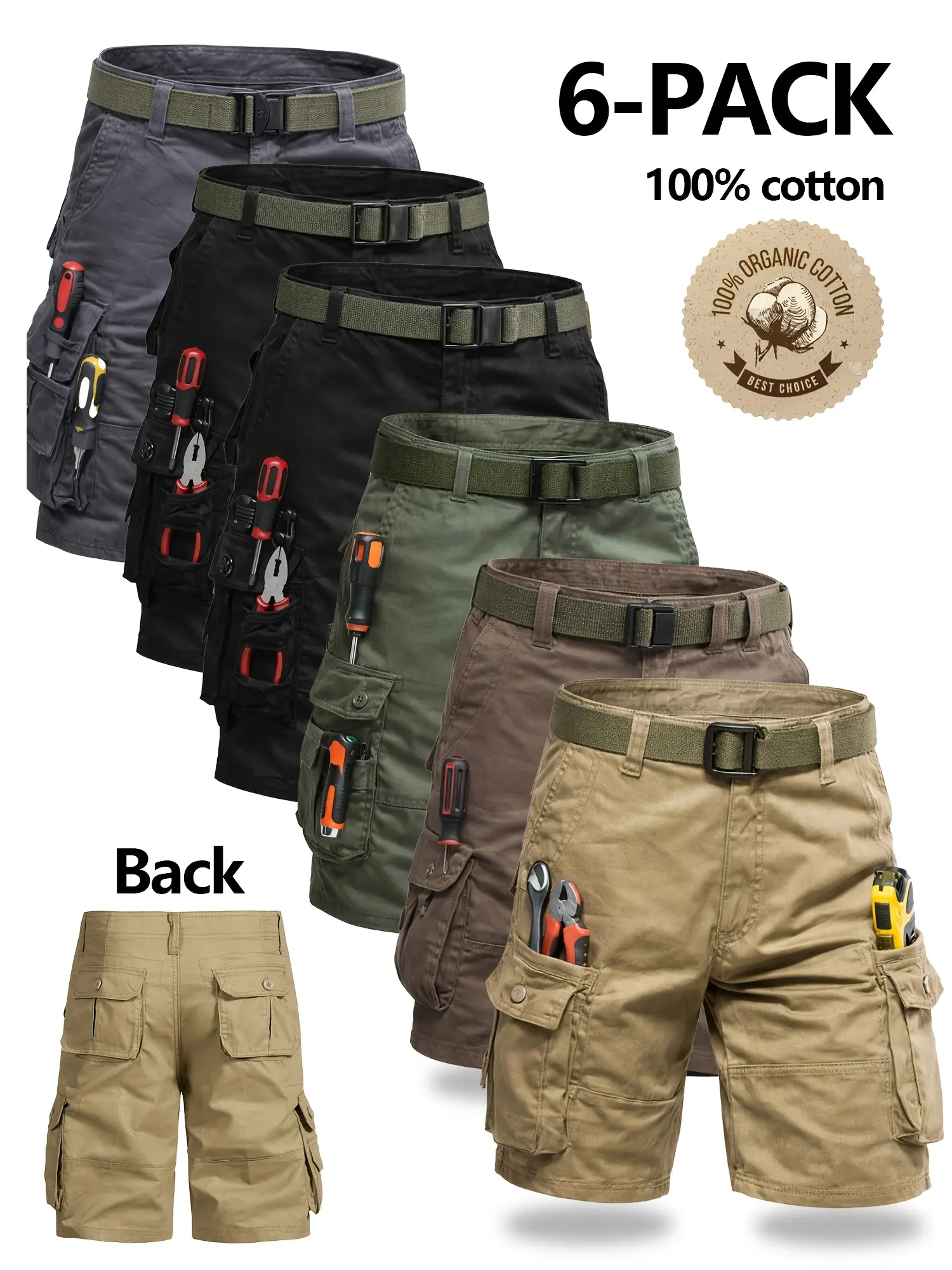 Men’s tactical cargo shorts, 6-pack; multifunctional pocket design athletic shorts suitable for golf and outdoor activities; men’s hiking shorts; durable, wrinkle-resistant, breathable shorts (belt not included).