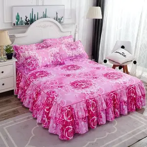 3pcs Fashionable Double-layer Bed Skirt Elastic Adjustable, Flower Printed All Seasons Universal Non-slip Bedding Set Bed Skirt *1+ Pillowcase*2