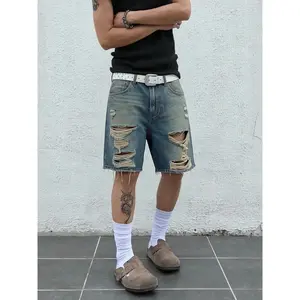 Unisex Y2K Grunge Baggy Denim Shorts, Vintage Distressed Ripped Wide Leg Jorts, Casual Streetwear Loose Fit Skate Style Knee-Length Jean Shorts, Soft Cotton Denim Wear