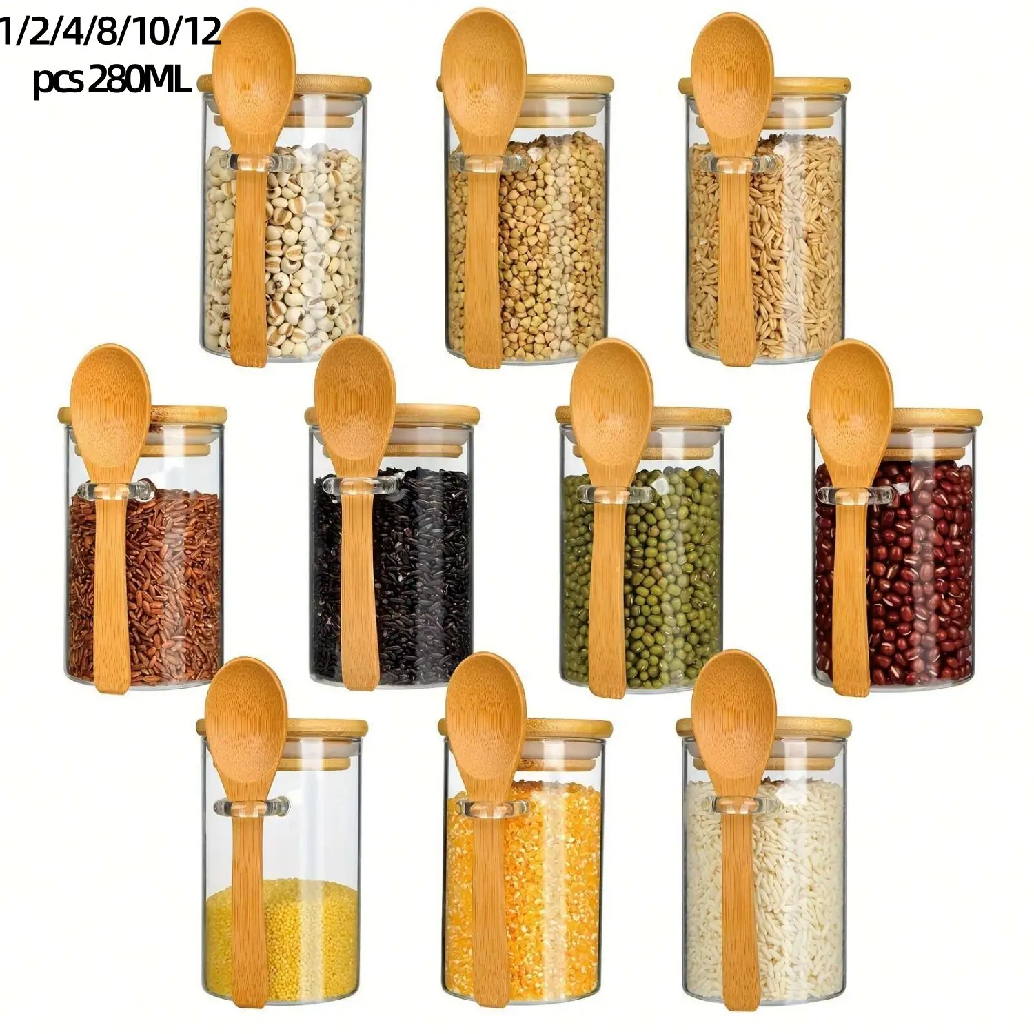 280ml Clear Glass Storage Bottle with Lid, 1/2/4/8/12pcs Grain Storage Container with Spoon, Food Sealed Jar for Tea, Coffee, Spice, Candy, Cereal, Glass Kitchen Canisters & Spice Jars, Reusable Containers, Transparent Container