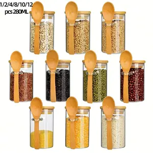 280ml Clear Glass Storage Bottle with Lid, 1/2/4/8/9/10/12pcs Grain Storage Container with Spoon, Food Sealed Jar for Tea, Coffee, Spice, Candy, Biscuit, Cereal, Summer Gift, Glass Kitchen Canisters, Glass Spice Jars