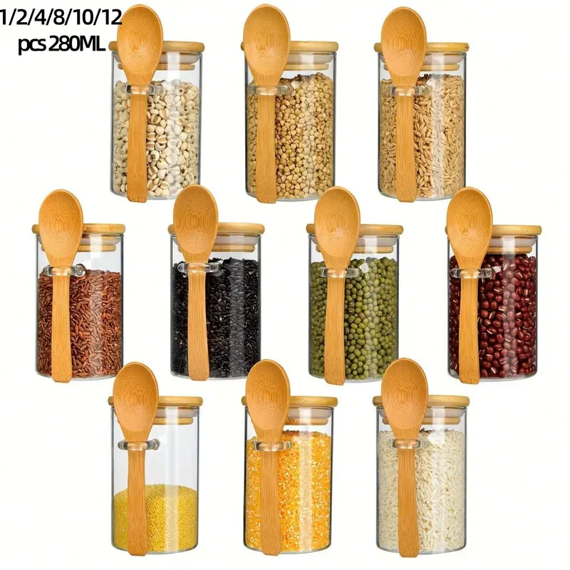 280ml Clear Glass Storage Bottle with Lid, 1/2/4/8/12pcs Grain Storage Container with Spoon, Food Sealed Jar for Tea, Coffee, Spice, Candy, Cereal, Glass Kitchen Canisters & Spice Jars, Reusable Containers, Transparent Container, Glass Jars with Lids