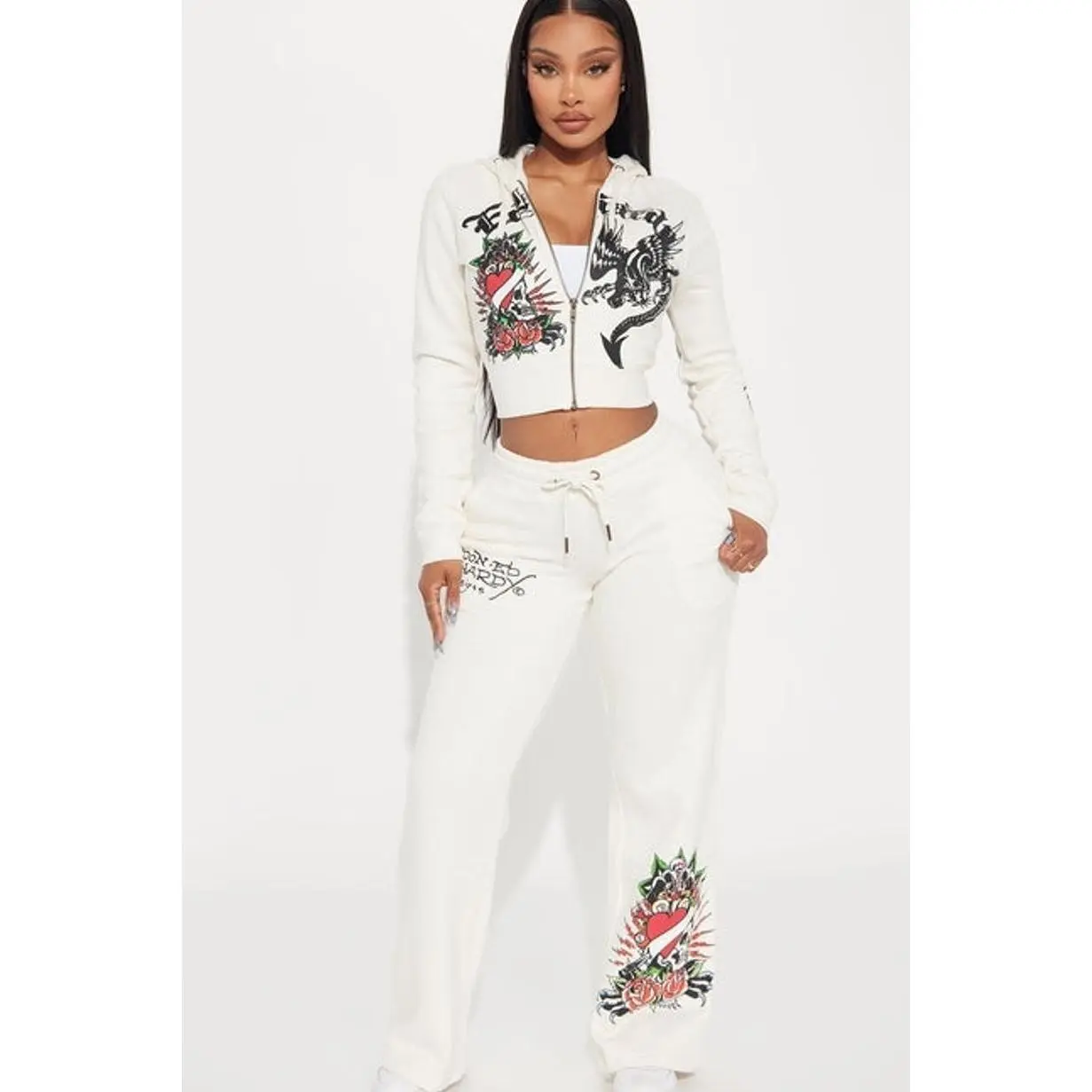 Women's Ed Hardy Dragon Heart Cotton Graphic Garment Pants - Ivory, Size 7, Leg Bottoms, Wide Leg, Dragon Print