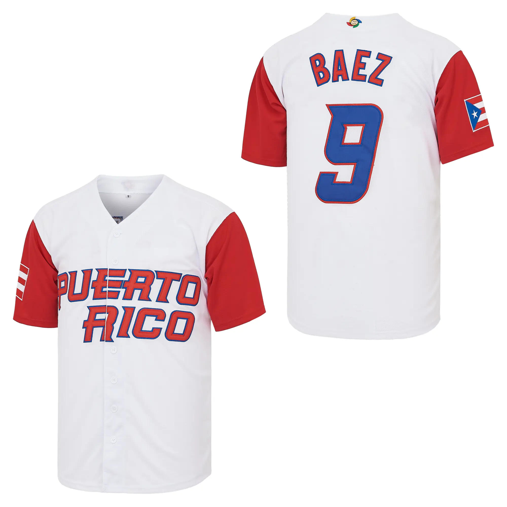 Men's Puerto Rico Baseball Jersey, Vintage Red Polyester V-Neck Button-Down Athletic Top, Embroidered Clemente #21 or Baez #9, Sizes S-3XL