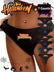 Women's Halloween Party Lingerie Set, Sexy Thong Underwear, Fun Pumpkin Print T-Back, Casual Fitted Style, All Seasons Wear