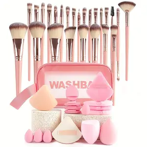 Pink 20&42 Pieces Makeup Brush Set with Makeup Bag, 25 High Quality Makeup Brushes, 6 Puffs, 4 Finger Beauty Eggs, 4 Blending Sponges - Professional Complete Foundation Blush Eyeshadow Makeup Set, Cute Travel Gifts, Makeup Supplies for Makeup Artists