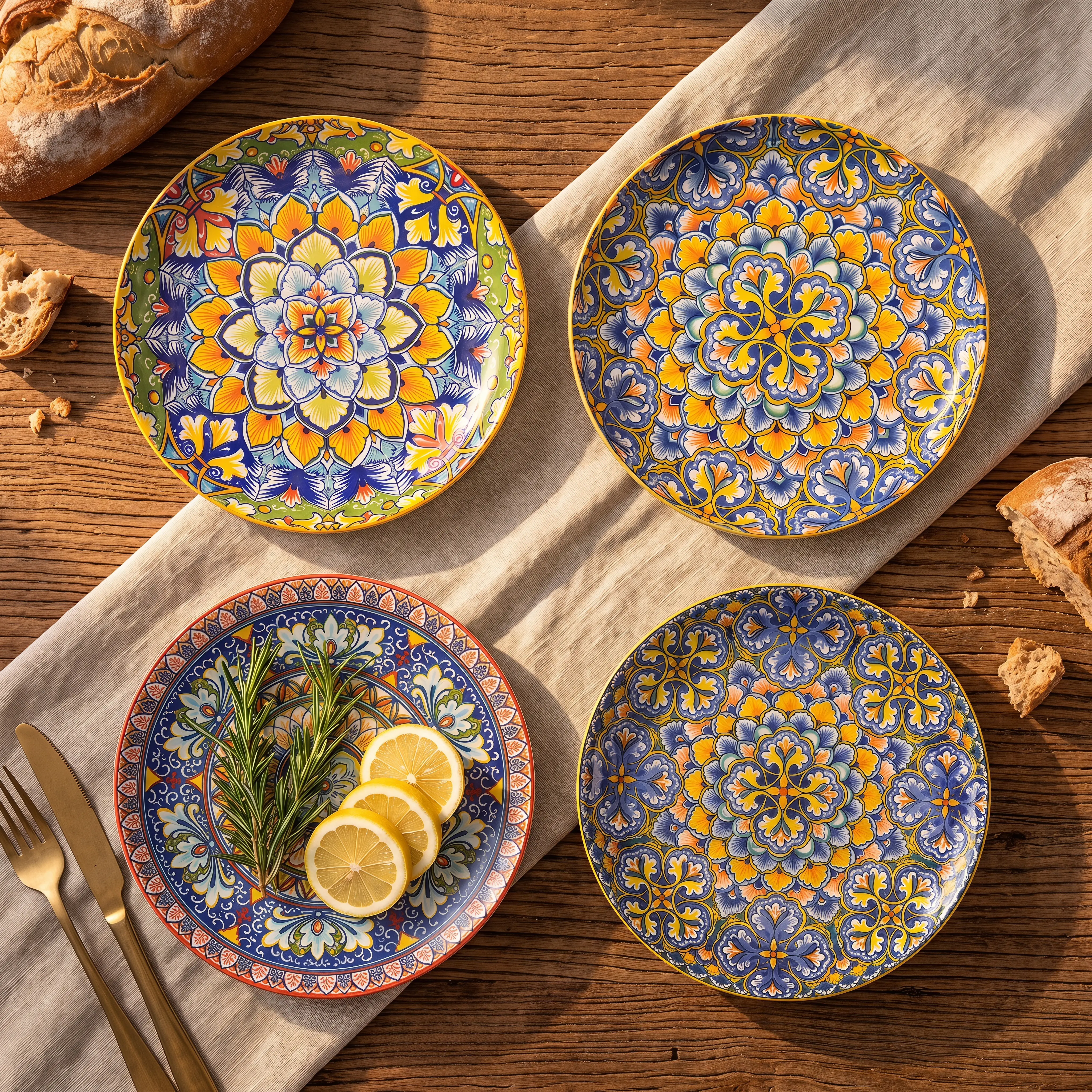 4pcs 10in Boho Ceramic Dinner Plates Mandala Floral Steak Plates assorted hand painted porcelain microwave dishwasher oven freezer safe colorful tableware for steak pasta salad parties weddings boho farmhouse decor housewarming gifts