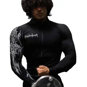 Men's Gothic Print Compression Zip-Up Top Long Sleeve Gym Workout Shirt Couple Edition Edgy Tribal Design Breathable Moisture-Wicking Fabric