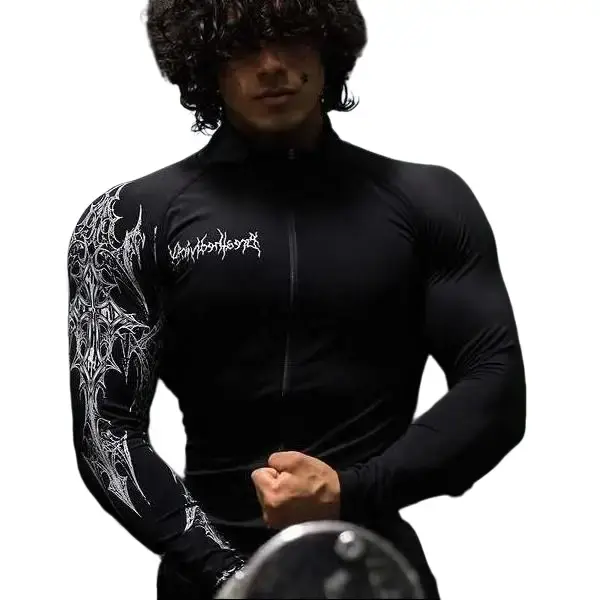 Men's Gothic Print Compression Zip-Up Long Sleeve Athletic Top, Couple Edition, Edgy Tribal Design, Breathable Moisture-Wicking Stretchy Athleisure Clothes, Gym Workout & Bodybuilding Outerwear, Athleisure Breathable Clothes
