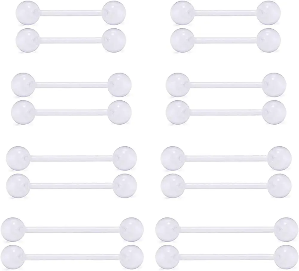 16Pcs 14G Clear Bioflex Flexible Acrylic Straight Tongue Rings Barbells Nipple Ring Retainer Piercing 12mm 14mm 16mm 19mm bio flex