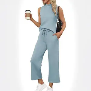 Two Piece Sets for Women Summer Outfits Lounge Sets Mock Neck Tops Wide Leg Crop Pants Vacation Travel Outfits