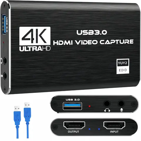 ACHAVE Aluminum Alloy 4K HDMI Loop Output Capture Card with Built-in Microphone, 3.5mm Compatibility, Full HD 1080p 60fps, No External Power, Plug&Play Gaming Accessory for Nintendo Switch/PS4, OBS, PC