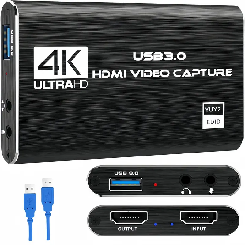 ACHAVE Aluminum Alloy 4K HDMI Loop Output Capture Card with Built-in Microphone, 3.5mm Compatibility, Full HD 1080p 60fps, No External Power, Plug&Play Gaming Accessory for Nintendo Switch/PS4, OBS, PC
