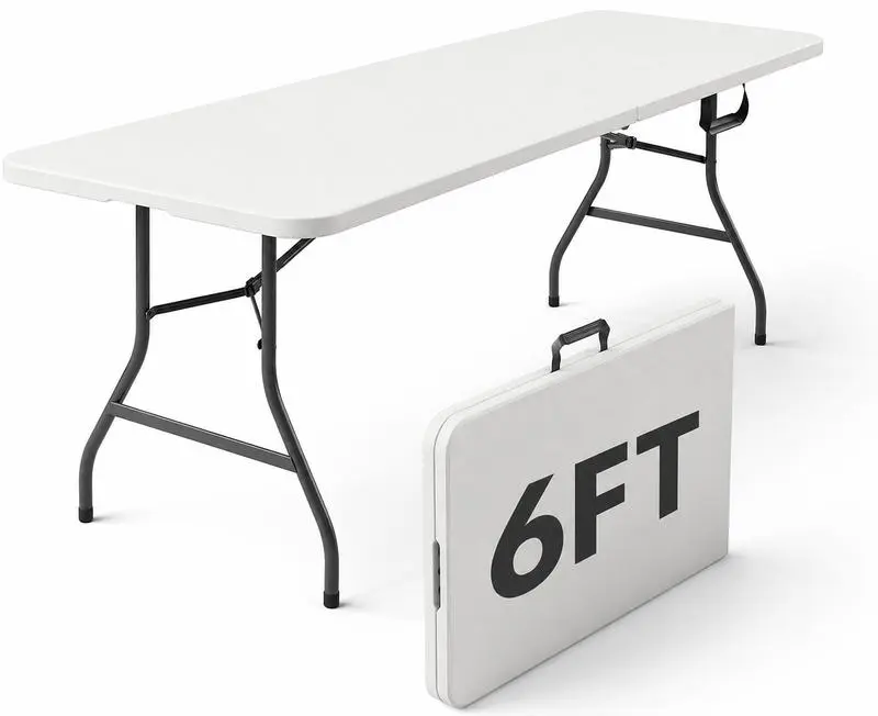 6FT Portable Plastic Folding Table, Heavy-Duty Fold-in-Half Portable Table with Built-in Carrying Handle & Steel Legs, Lightweight Indoor Outdoor Picnic Table for Party, Dining, Camping, Wedding, Events, Utility, White card table
