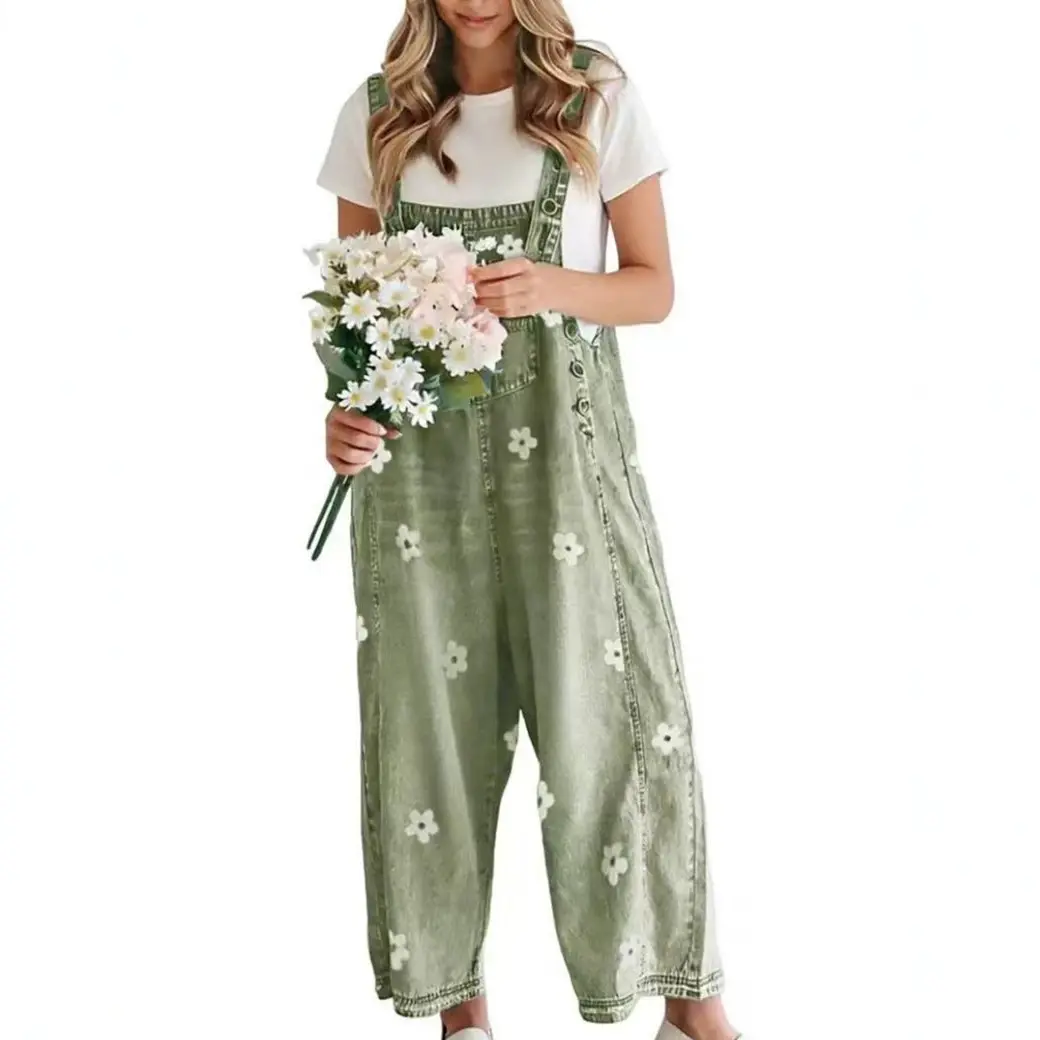 Women's Bib Overalls, Cute Floral Print Denim Jumpsuit with Baggy Wide Leg and Adjustable Straps, Fashion Apparel Chic Pants,back to school shopping, Flower, Women's Clothes