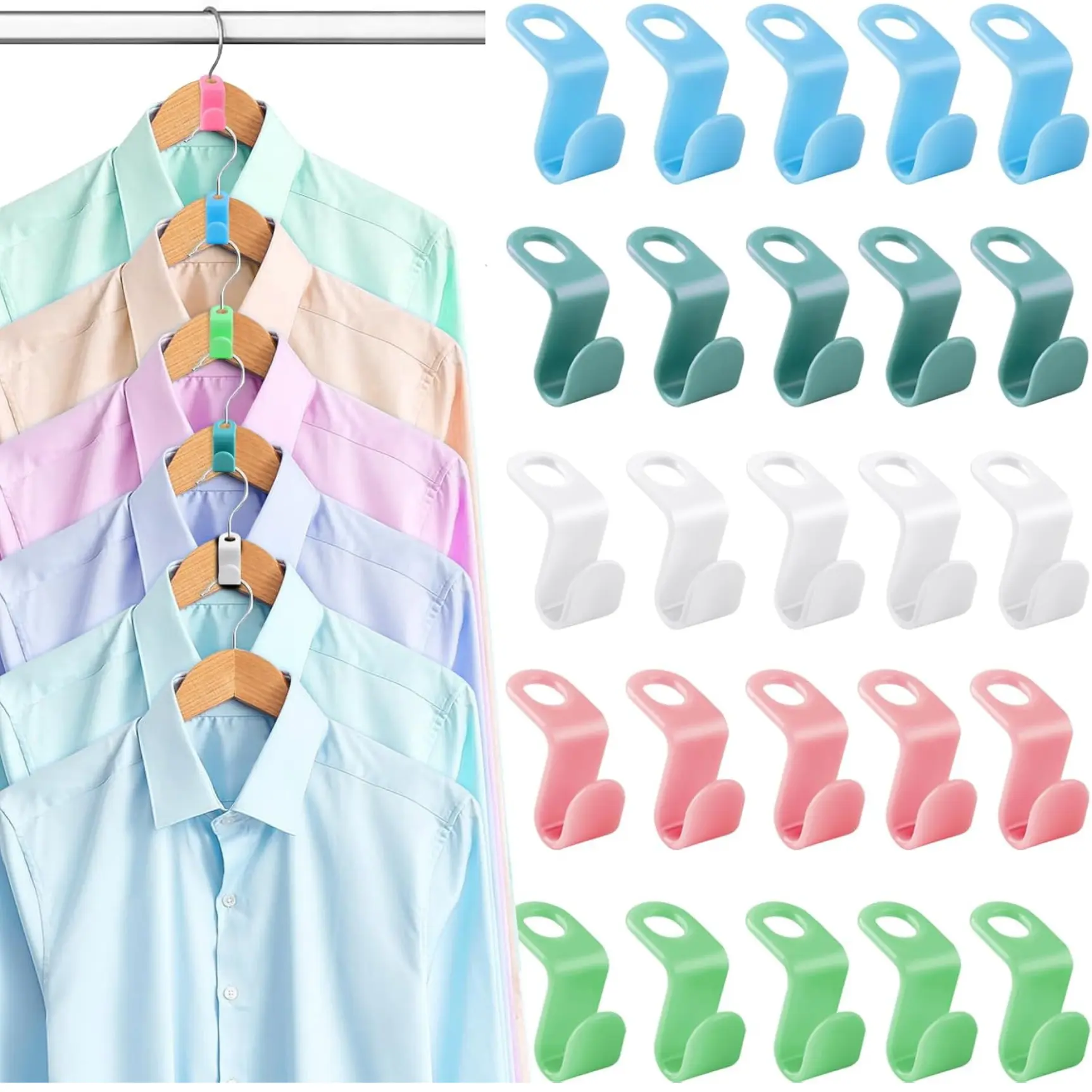 100 PCS Hanger Connector Hooks, Space Saving Hooks and Clips for Plastic Hangers (5 Color)