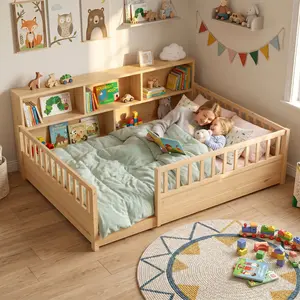 IHUESHO Pine Wood Montessori Toddler Bed with Integrated Bookcase, Fence Guardrails, Open Entry & Framed Closet for Kids’ Nursery
