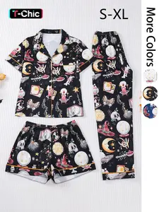 3 pieces of women's Halloween witch hat, skull head, butterfly print, short sleeved shorts, pants, comfortable lapel pajamas set, Pjs, Loungewear, knitted top, pocket, elastic waistband, Fit, casual classic home wear