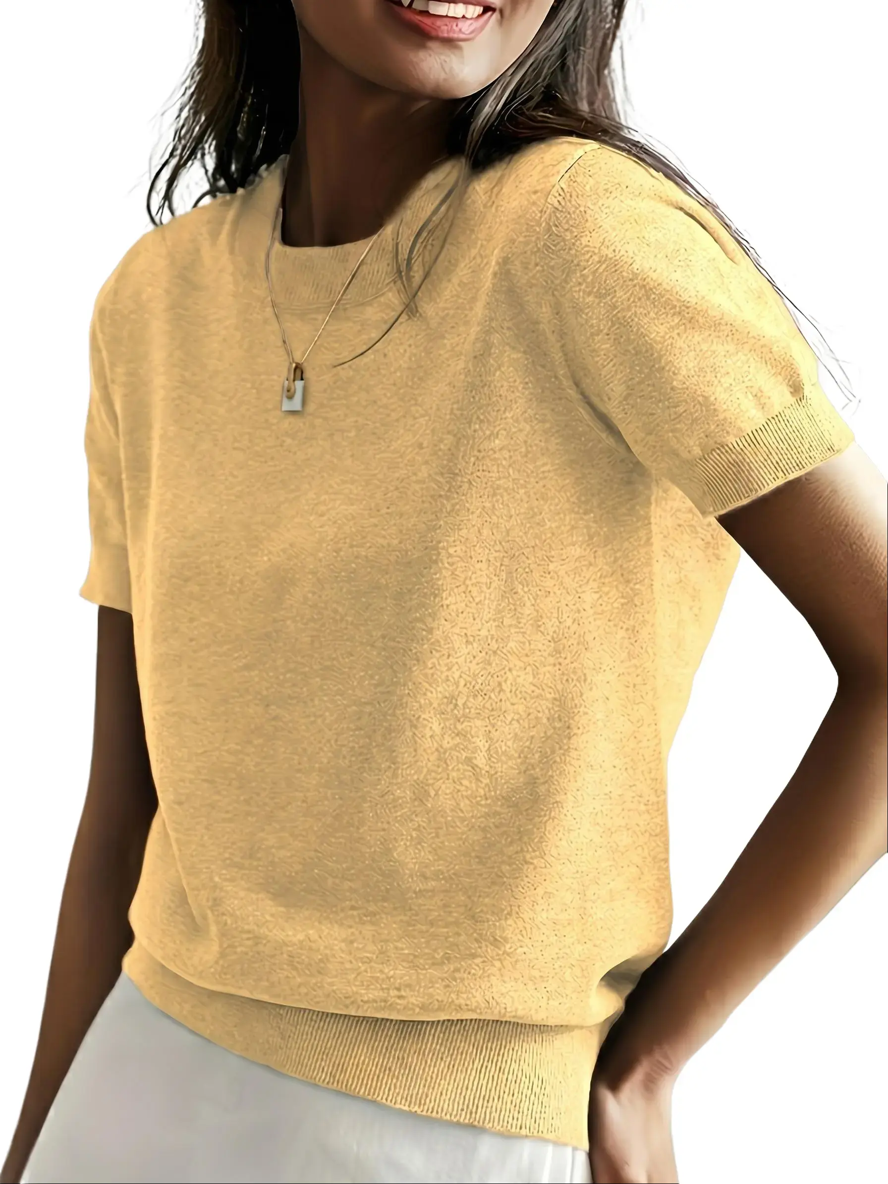 PHEFEE Women's Short Sleeve Knit Tops Summer Casual Crewneck Sweaters Lightweight Pullover T-Shirts with Ribbed Hem S-XXL