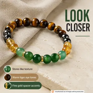 1pc Tiger Eye Beaded Money Attracting Bracelet, Natural Black Yellow Tourmaline Onyx Wealth Attraction Bracelet Fashionable Accessory for Daily Wear, Christmas Jewelry Gift Money Bracelet