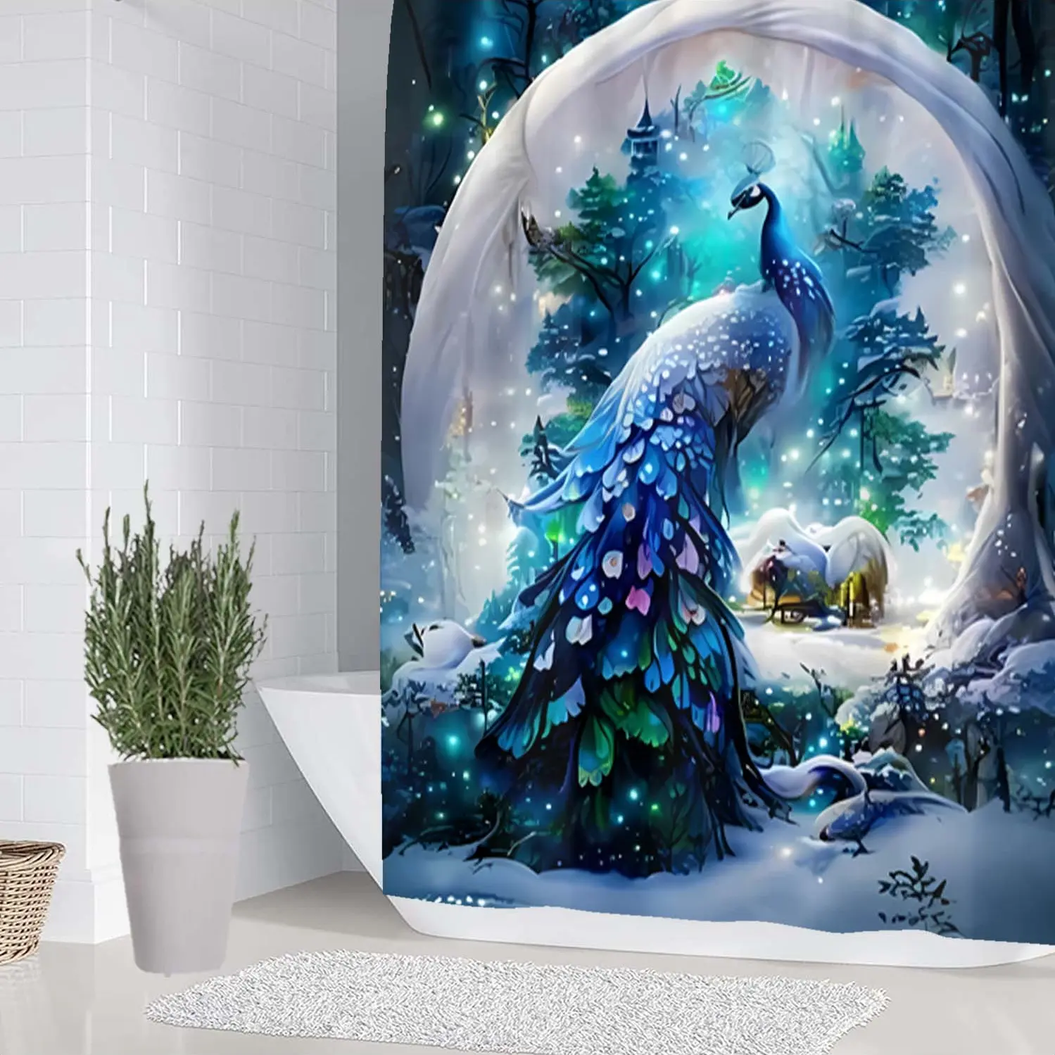 Peacock Pattern Bathroom Set, Restroom, Includes Printed Shower Curtain and Rug, Non-Slip Bath Mat, U-Shaped Toilet Lid Cover, Hooks Included, Shower Curtain Sets, Bathroom Decoration Accessories, Elegant Bathroom Decor, Aesthetic Shower Curtain