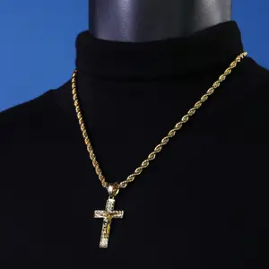 Nugget Jesus Cross Pendant Rope Chain 14k Gold Plated